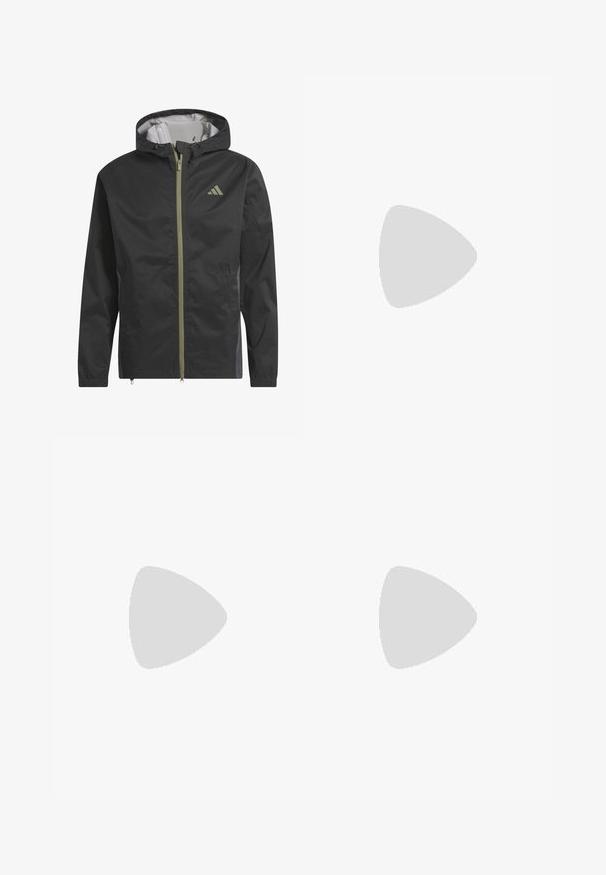 Chaqueta ligera negra con capucha, cremallera frontal y puños elásticos. Presenta sutiles acentos verdes y un pequeño logo en el pecho.; Polo blanco hecho de algodón suave, con un cuello clásico, una tapeta de tres botones y mangas cortas. Logo de la marca sutil en la manga.; Pantalones cortos azul claro hechos de tejido texturizado, con cierre de botón, presillas para cinturón y bolsillos laterales. Diseño casual, corte a la altura de la rodilla.; Zapatilla Skechers negra de cuero con cordones y suela blanca, logo lateral y textura antideslizante en la suela sobre un fondo claro liso.