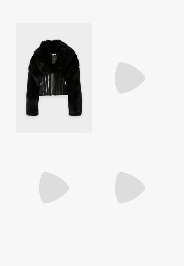 Black faux fur cropped jacket with wide collar, long sleeves, front zipper, and decorative vertical stripes on the torso.; White long-sleeve blouse with gathered shoulders, pointed collar, buttoned cuffs, and a long gold chain necklace with tassel detail.; Burgundy mini skirt with a slim fit, featuring a front zip, decorative zippers, a slit, and a button closure with gold accents.; Black leather high-heeled shoe with pointed toe, ankle strap, and a thin heel. Smooth texture with a gold accent on the heel base.