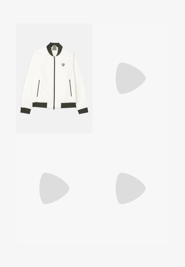 White bomber jacket with dark green ribbed collar and cuffs. Features a zip front and two side zipper pockets. EA7 logo on the left chest.; Black short-sleeve crew neck t-shirt with small white "Filling Pieces" text logo on the left chest.; Navy blue joggers made of soft fabric, featuring an elastic waistband and tapered legs. Displayed logo along the side.; White sneaker with a smooth leather upper, rounded toe, laces, textured side accents, and a thick rubber sole. Minimalist design.