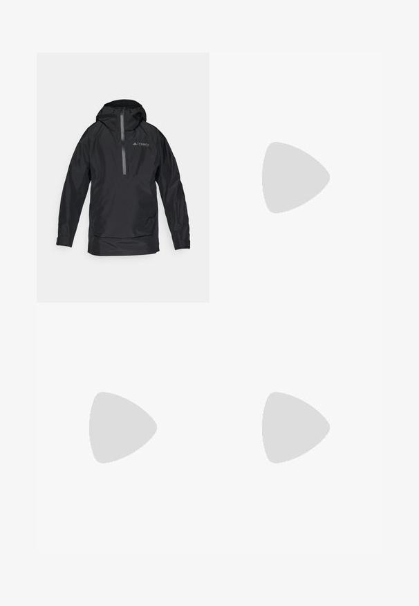 Black waterproof Terrex jacket with a hood, zippered front, and elastic cuffs. Smooth texture with reflective detailing. Lightweight design.; Purple short-sleeve t-shirt made of smooth fabric, featuring a black "TERREX" logo across the chest and a crew neckline.; Black waterproof trousers made of lightweight fabric, featuring an elastic waistband and side zipper pocket. Simple, tailored design.; Lightweight trail running shoe with a gray and black mesh upper, orange accents, and a rugged outsole for traction. Waterproof Gore-Tex lining.