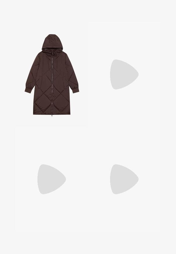 Brown quilted long coat with a hood, front zipper, and elastic cuffs. Features diagonal stitching and two front pockets. Smooth, shiny material.; Black T-shirt made of cotton, featuring short sleeves over a white long-sleeve layer with a subtle textured pattern. Crew neckline design.; Brown faux suede mini skirt with a smooth texture, featuring a side pleat detail, straight hem, and a fitted waistband.; Black leather platform shoes with a chunky block heel, round toe, and traditional lace-up design. Features smooth texture and minimal detailing.