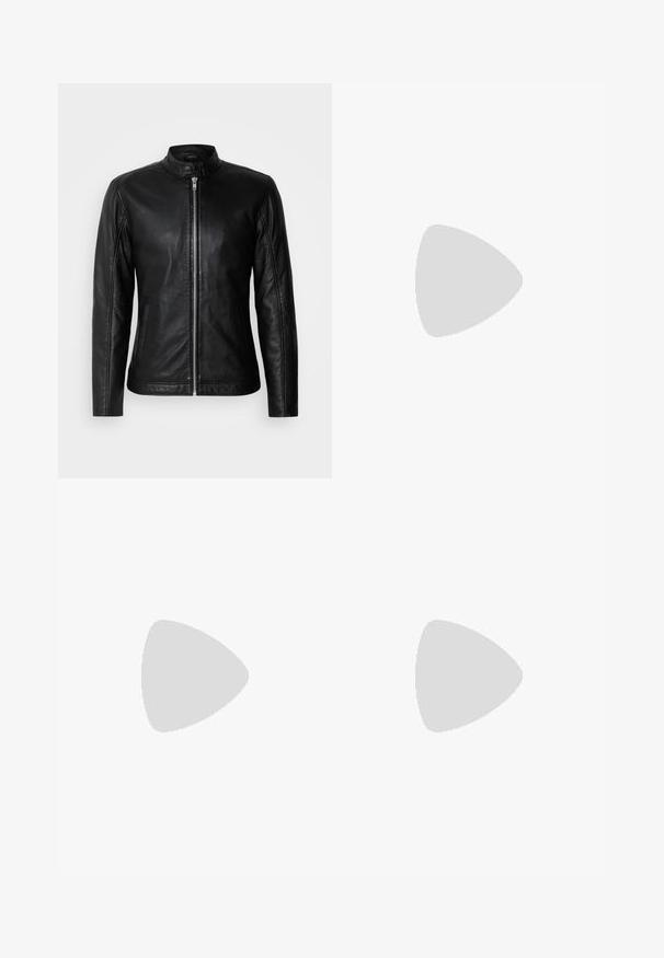 Black leather jacket with a stand-up collar, front zipper closure, side pockets, and fitted design. Smooth texture and sleek finish.; Two cotton t-shirts: one white with a small logo on the chest, and one black. Both feature short sleeves and a classic crew neckline.; Light green cotton trousers with a straight leg design, featuring a front button closure and subtle texture. No visible patterns or accents.; Black leather loafers with a rounded toe, featuring a stitched design, low platform sole, and a textured, lugged rubber outsole.