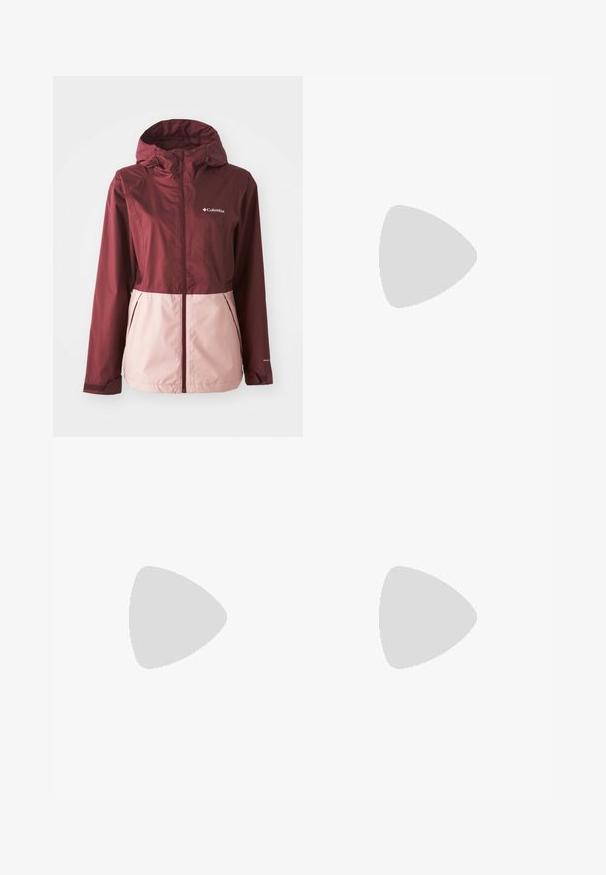 Columbia INNER LIMITS™ JACKET - Ūdensnecaurlaidīga jaka - rich wine/eraser pink; Melnas īsām piedurknēm t-krekls, izgatavots no kokvilnas. Tam ir apaļais kakls un oranžs "TERREX" LOGOTIPS augšējā kreisajā krūtī.; Melnas vieglas bikses ar elastīgu jostu. Satur diskrētu "TERREX" logo baltā krāsā. Gluda auduma un taisnu kāju dizains.; Melnas sporta kurpes ar Gore-Tex augšdaļu, baltām svītrām, purpursarkanām akcentiem, biezā pelēkā vidussole un teksturēta pelēka ārējā zole, kas nodrošina saķeri.