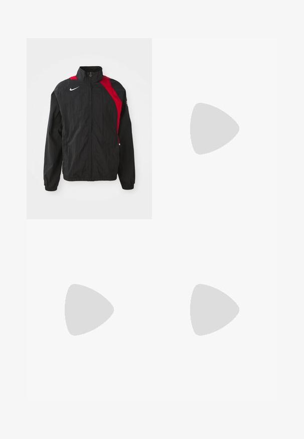 Chaqueta cortavientos negra con acentos rojos, cierre de cremallera, cuello alto, puños elásticos y detalle del logo reflectante en el pecho. Fabricado en un tejido ligero y texturizado.; Tres camisetas sin mangas de algodón de color blanco con canalé. Cuentan con cuello redondo y pequeñas etiquetas negras cerca del dobladillo. Disponibles en múltiples tamaños.; Pantalones marrones acampanados con una textura suave, que cuentan con un cierre delantero con botón y bolsillos laterales. Diseño sencillo y recto.; Zapatilla deportiva gris con parte superior de malla y ante, acentos blancos, suela acolchada y un diseño distintivo con elementos reflectantes.