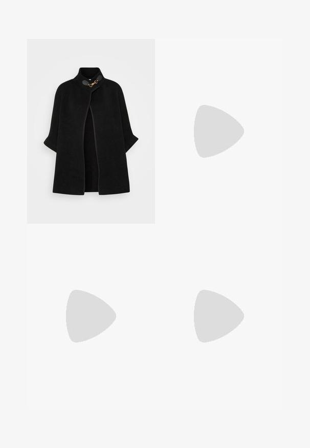 VILA VICEMRE - Capa - black; Body preto sem mangas, com parte superior de couro sintético liso e parte inferior preta mate em contraste. Apresenta um fecho com zíper nas costas para facilitar o vestir.; Calças pretas de perna larga feitas de couro, com uma cintura alta, pregas e dois botões circulares na frente para fecho.; Mocassins pretos de couro com plataforma, com bico arredondado e tira larga sobre a parte frontal. Apresenta um salto robusto e quadrado, e uma textura suave.