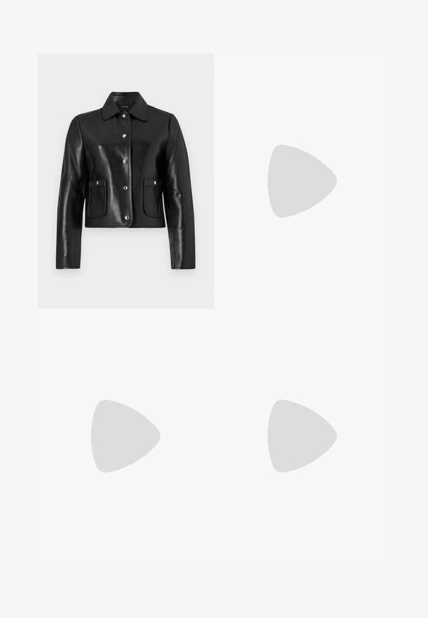 Veste en cuir noir avec un col, fermeture à boutons dorés et deux poches avant. Texture lisse et design court.; Pull en maille côtelée gris foncé à manches longues, avec un décolleté carré et un motif texturé sur la poitrine. Fabriqué en tissu tricoté doux.; Pantalons larges noirs en tissu texturé, dotés de deux poches avant avec des accents en velours noir et des détails en bouton doré.; Chaussure à talon haut en cuir verni noir avec un bout rond, une sangle de cheville, un détail de boucle en argent et un talon bloc épais.