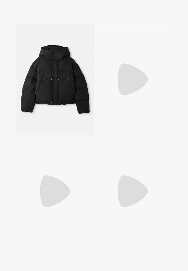 Black puffer jacket with a hood, featuring a cropped design, snap button closures, and two front pockets, made from a smooth fabric.; White cotton t-shirt with short sleeves, round neckline, and a black printed logo on the left chest area. Smooth texture, casual design.; Black wide-leg cargo pants with elastic waistband, button closure, large front and side flap pockets, displayed on white background.; Dark brown textured leather sneaker with lace-up front and white ridged rubber sole on a plain light background.