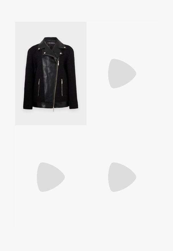 Musta takki, jossa on nahkainen etupaneeli ja kaulus, tekstuurilla kudotut hihat, vetoketjulliset taskut ja metalliset yksityiskohdat.; Valkoinen puuvillateeppari, jossa on pyöreä kaula-aukko ja lyhyet hihat. Etupuolella mustalla painatuksella teksti: "karl lagerfeld jeans." Sileä pinta.; Mustat leveät housut korkealla vyötäröllä, etuosassa laskokset ja soljellinen vyö. Valmistettu sileästä ja kevyestä kankaasta.; Mustat nahkaveneilykengät, joissa on pyöreä kärki, nauhalla kiinnitetty etuosa, metalliset silmukat ja litteä pohja. Takana on pieni läppä.