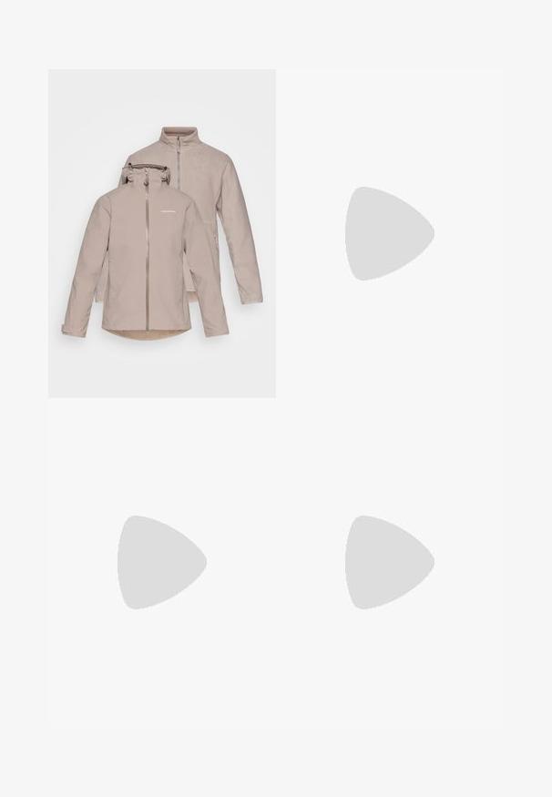 Beige waterdichte jas met een afneembare capuchon, voorrits en twee zijzakken. Zachte binnenvoering en een tweede fleece-laag.; The North Face SHADOW LONG SLEEVE - Longsleeve - white dune; Lichtgrijze sportleggings met een hoge tailleband, gestructureerd materiaal, gladde stiksels en zijzakdetails. Strakke pasvorm overal.; Columbia REDMOND - Outdoorschoenen - black/citron haze