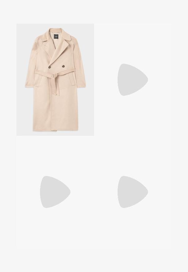 Beige wool blend coat with a double-breasted design, notched lapels, waist tie, and side pockets. Smooth texture and mid-length style.; Black long-sleeve dress with a rounded neckline, made of lightweight fabric featuring a smooth texture and asymmetrical hemline. Red brand tag visible.; Black wide-leg trousers with a smooth texture, featuring a high waistband and center pleats. No visible patterns or hardware details.; Black patent leather high-heeled shoes with a square toe, ankle strap, and a chunky heel. Includes perforated detailing along the rim.