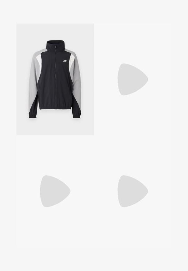 Sort og grå vindjakke med høj krave, fuld lynlås, elastiske manchetter og en vinkelret farveblokdesign med hvide detaljer.; Lys grøn bomulds t-shirt med rund hals, korte ærmer og et lille rødt Levi's-logo broderet på øverste venstre bryst. Blød tekstur.; Sorte træningsbukser med elastisk talje, sidelommer og kontrasterende grå og hvide buede detaljer langs benene.; Beige og creme atletiksko med struktureret mesh-overdel, støttende overlays og gummiyderside med et mønster for trækkraft.