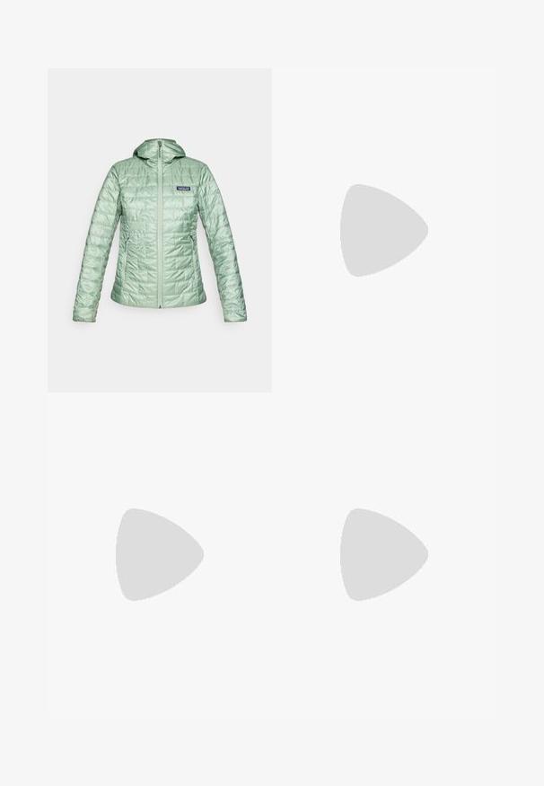 Light green, quilted puffer jacket with a hood, front zip closure, and side pockets. Textured finish with a logo on the upper left chest.; lululemon SWIFTLY TECH LONG SLEEVE - Long sleeved top - white/white; Black nylon zip-off cargo trousers with adjustable cuffs, multiple pockets, and a logo on the right leg. Smooth, lightweight texture.; Mid-cut hiking shoe in dark gray with light blue accents. Features a textured upper, reinforced toe, and a rugged outsole for traction.