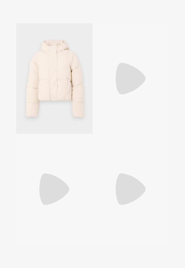 Beige puffer jacket with a hood, featuring a quilted design, snap buttons, and side pockets. Soft, padded texture for warmth.; Light grey knit sweater with long sleeves, crew neck, and central cable knit pattern on the front.; Light blue denim jeans feature a straight fit, five-pocket design, and copper hardware accents. Fabric has a slightly textured finish.; Black patent leather pointed-toe shoes with a block heel and ankle strap, paired with gray ribbed leg warmers and a brown suede skirt.