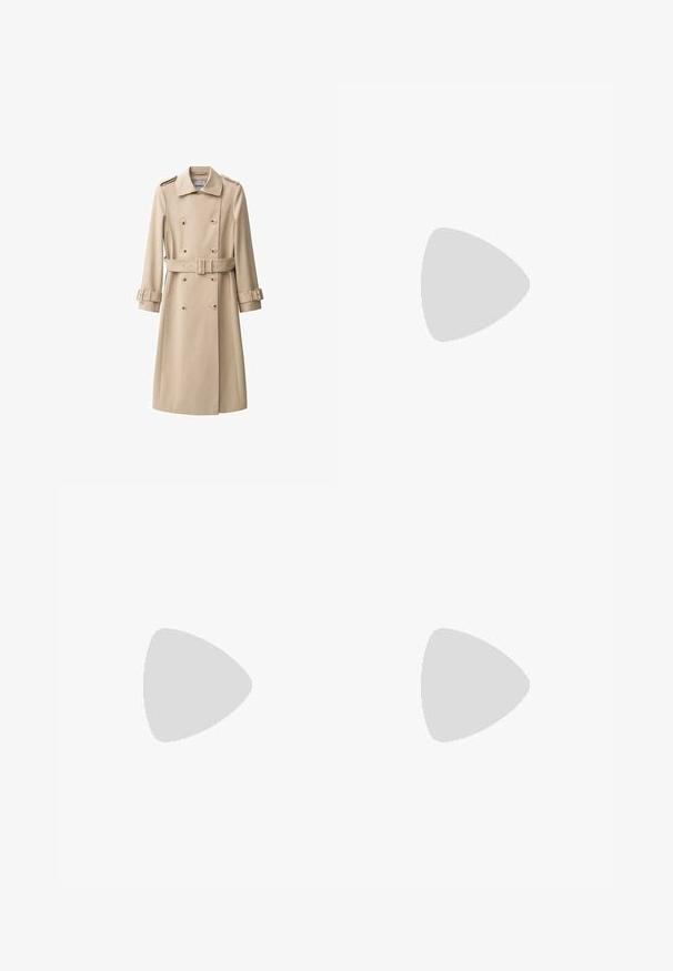 Beige trench coat with double-breasted buttons, belted waist, and shoulder epaulettes. Long sleeves with adjustable cuffs, smooth fabric.; Valkoinen, hihaton mekko, jossa on säädettävät spagettiolkaimet, teksturoitu kangas ja kerrokselliset rypytykset helmassa. Yksityiskohtaiset virkattu koristeet kaula-aukon kohdalla.; Musta nahkakengät, joissa on kohotettu sauma, kultainen logoakseli ja struktuurinen hihna. Varustettu paksulla ja kestävälla kumipohjalla.; Musta nahkakäekott kehakavaga, lühikese käepideme, kullast detailide ja ülemise lukuga. Esiosal on logo aktsent.