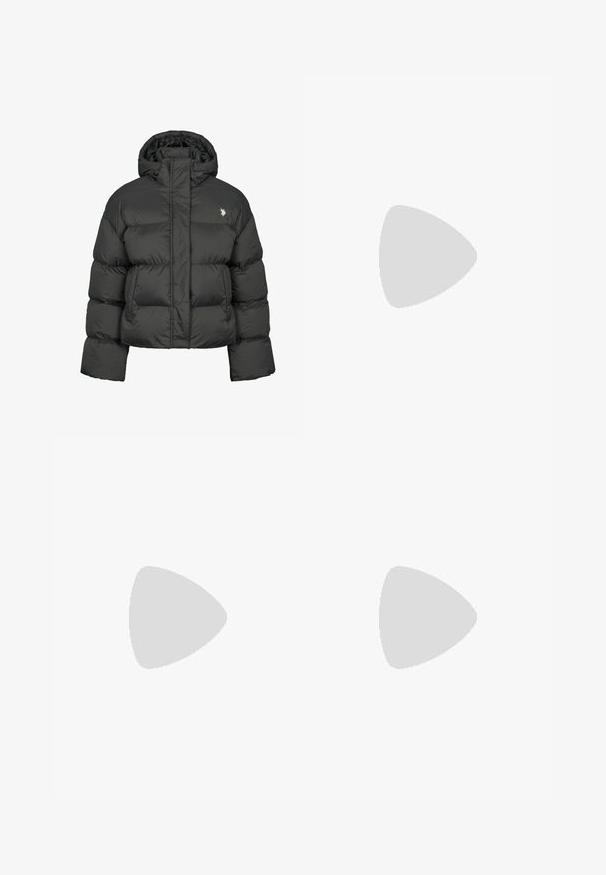 Black puffer jacket with a cropped design, featuring a high collar and ribbed cuffs. Includes a small logo on the left side. Smooth texture.; Navy knit sweater featuring white snowflakes and reindeer patterns, round neckline, long sleeves, and ribbed hem.; Black, wide-leg pants with an elastic waistband, made from smooth fabric. Features a clean design with no pockets or visible stitching details.; Black and gray suede sneaker with a large cream-colored "N" logo, purple laces, and a textured gum rubber outsole.