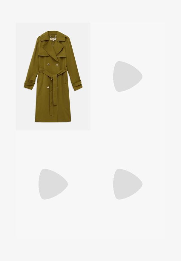 Olive green double-breasted trench coat with wide lapels, belt, buttoned cuffs, and shoulder epaulets, laid flat on a white background.; White button-up shirt made of lightweight fabric. Features a classic collar, two chest pockets, and a slightly longer back hem.; Multicolored pants featuring a bold abstract pattern in black, blue, and green. Made of smooth fabric with a drawstring waist.; White leather high-heeled shoe with a pointed toe, ankle strap, and a slim stiletto heel. Smooth texture with subtle glossy finish.