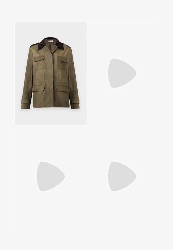 Men’s olive green suede jacket with dark brown corduroy collar, four flap pockets, and buttoned cuffs.; White long-sleeve shirt with a collar, featuring floral appliqués and decorative sequins. Smooth fabric with a tailored fit.; Beige trousers with a straight fit, featuring a double cuff at the hem and a flat front design. Made of smooth, durable fabric.; Black leather knee-high boot with a pointed toe, square heel featuring a metallic accent, and a loop detail at the top. Smooth texture.