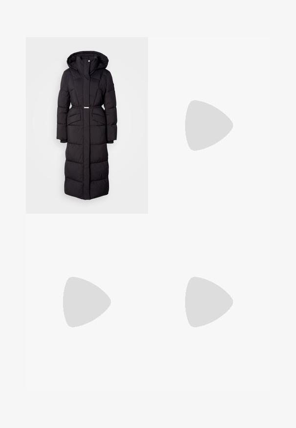 Long black padded winter coat with hood, front pockets, a belted waist, and a front zipper closure, displayed on a white background.; DRYKORN LYSILA - Button-down blouse - black; Dark gray tailored trousers with vertical white pinstripes, pleated front, and tapered legs. Made of smooth fabric with belt loops.; Blue suede loafers with a flat sole, featuring a stitched design along the edges and a decorative metal accent at the front.