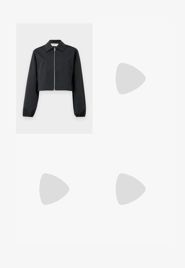 Black cropped jacket made of smooth fabric, featuring a collar, front zip closure, and elasticized cuffs. Simple design with no patterns.; White cotton t-shirt with short sleeves, black ribbed collar, and black text logo on the left shoulder. Classic fit, smooth texture.; Wide-leg denim jeans in dark blue, featuring a high waist, a button closure, and front pockets. Fabric has a smooth texture with minimal fading.; Gray pinstriped wide-leg trousers with a smooth texture, paired with black leather flats featuring a rounded toe.