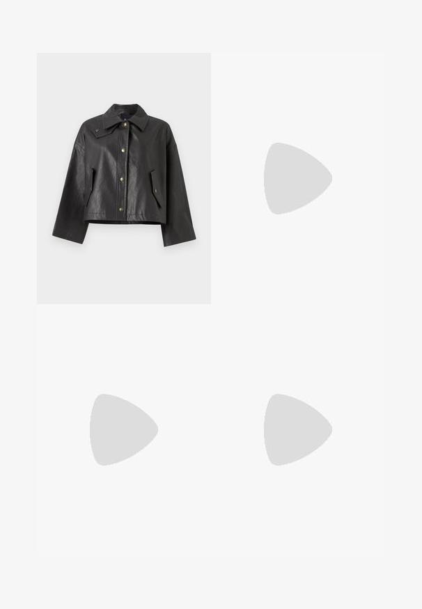 Black cropped jacket made of textured leather with a pointed collar, front snap closure, and side pockets. Features gold-tone hardware accents.; Long-sleeve polo shirt in cream with thin maroon stripes, featuring a classic collar and three-button placket, made of soft fabric.; Wide-leg jeans in light blue denim, featuring a high waist, five-pocket design, and a faded finish with subtle whiskering details.; Black leather loafers with a tied bow, featuring gold eyelet accents along the sides and a flat rubber sole. Smooth texture, classic design.