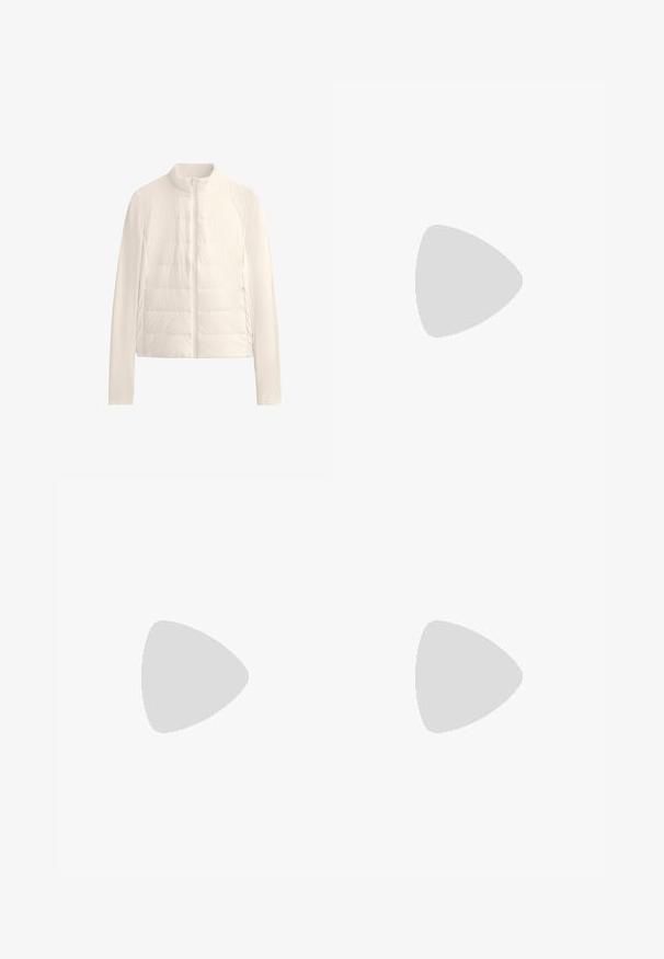 Duvet jakna u krem boji, s visokim kragnom, punim patentnim zatvaračem sprijeda i rebrastim rukavima. Izrađena od laganog, glatkog materijala s kockastom teksturom.; Bijela majica bez rukava s tankim trakama, dekolte u obliku slova V i prilagodljiv siluet. Glatka tekstura, minimalne detalje, nosi se uz crne tajice.; Bež sportske tajice s visokim strukom, koje imaju dva bočna džepa i glatku, rastezljivu tkaninu. Suptilan detalj s logotipom u sivoj boji.; Svijetlopurpletenisice sportske namjene sa kvadratnim uzorkom, crnim bočnim detaljima i bijelim logotipom. Imaju vezice i učvršćeni đon za udobnost.