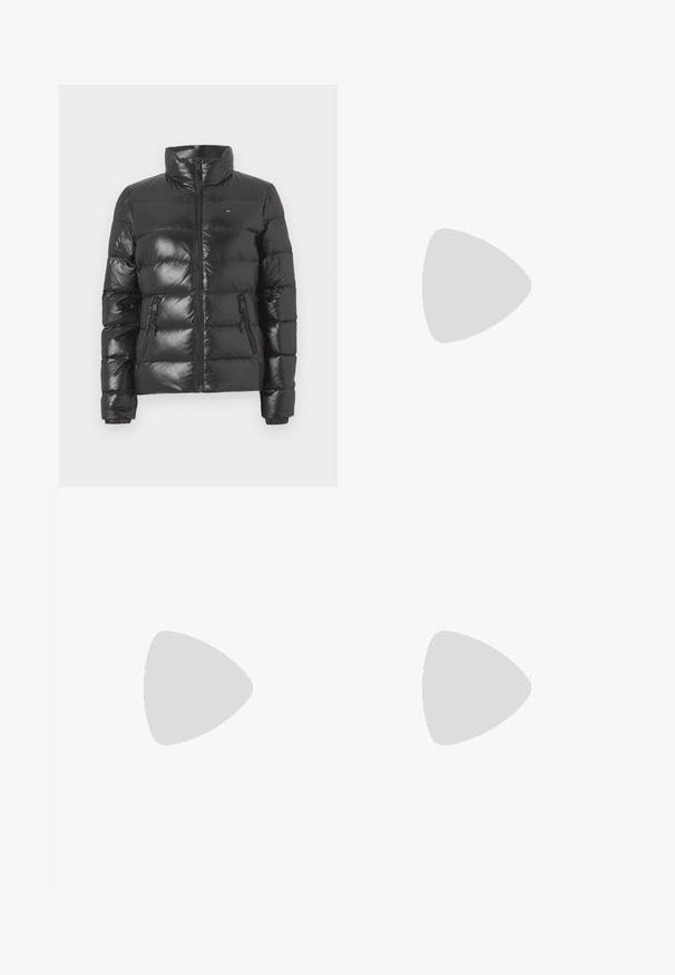 Black puffer jacket featuring a high collar, glossy finish, zippered front, and two side pockets with elastic cuffs.; White short-sleeve t-shirt featuring a round logo design with light brown accents. Made of cotton fabric with a relaxed fit.; Pleated white skirt with a black elastic waistband featuring the "LACOSTE" logo. Mid-length design with soft texture.; White leather sneakers with a thick white sole, black suede heel accent, and embossed logo on the side. Laced design with six eyelets.