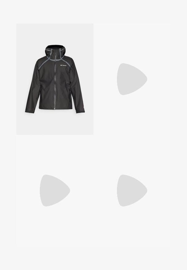 Black waterproof jacket with a hood, contrasting gray accents, and a front zipper. Features sealed seams and adjustable cuffs.; Black short-sleeve t-shirt made of cotton, featuring a small white Columbia logo on the left chest area. Classic crew neckline and relaxed fit.; Black shorts made of water-resistant material. Feature a zippered pocket and white logo detail on the left side. Knee-length design.; Black athletic shoe with textured upper, red laces, and logo. Thick sole with patterned tread for traction. Minimalist design, side view.