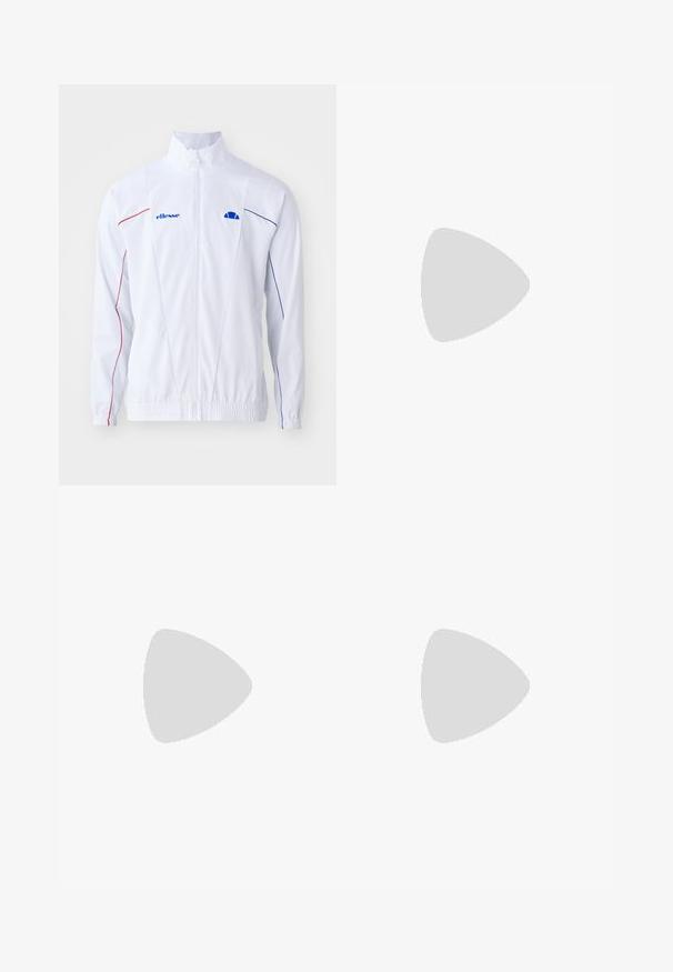 Weißer Zip-up-Jacke mit blauen und roten Akzentlinien. Verfügt über elastische Bündchen, Stehkragen und Logo auf der linken Brust. Glatte Textur.; Weißes Baumwoll-T-Shirt mit kurzen Ärmeln, das ein marineblaues gesticktes Logo auf der linken Brust und einen lebhaften Farbakzent über dem Logo präsentiert.; Weiße Sportshorts mit glatter Textur, versehen mit roten und blauen Akzenten. Elastischer Bund für eine gute Passform, mit blauen Logodetails.; Schwarze und grüne Sneakers mit einem gemusterten Mesh-Obermaterial, weißem Swoosh-Logo, gepolstertem Kragen und einer sichtbaren Luftpolsterung in der Sohle.