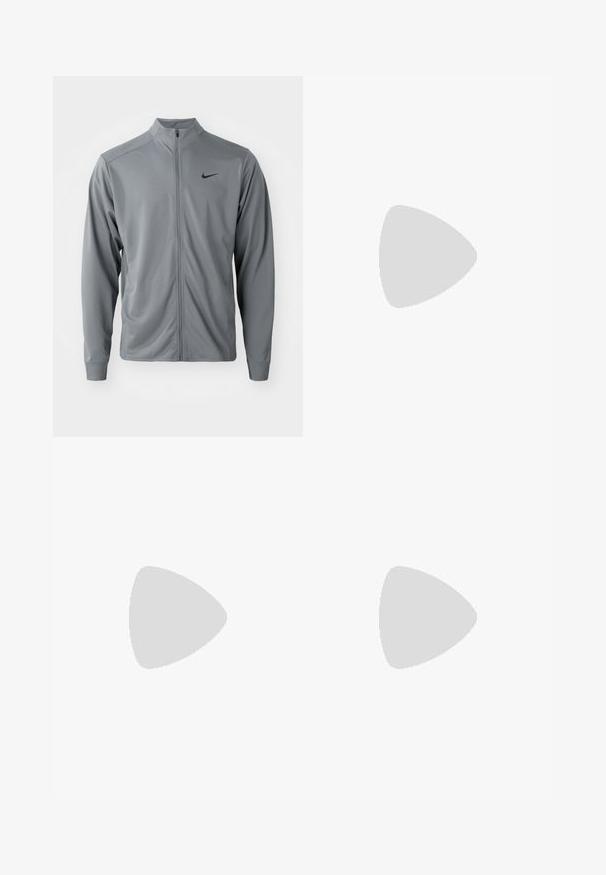 Veste zippée grise avec col montant, fabriquée en tissu léger et lisse. Présente un logo Nike noir sur la poitrine gauche et des manches longues.; T-shirt de course noir Nike en matériau léger et respirant, avec des manches courtes et un petit logo blanc sur la poitrine.; Un short de bain multicolore avec un motif de vagues en orange, bleu et pêche clair. Taille élastique avec un cordon de serrage noir.; Baskets de sport Nike en maille rose avec des accents noirs. Présentent des lacets épais, une languette rembourrée et une semelle texturée. Chaussettes blanches avec logo. Kettlebell noir à proximité.