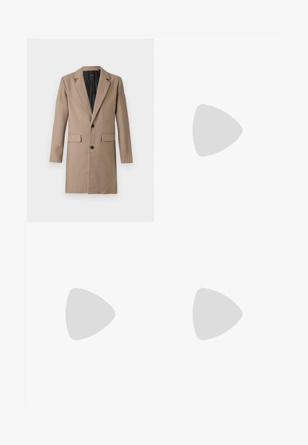Beige wool blend coat with a notched collar, long sleeves, two front pockets, and two black buttons. Inner lining is black.; White short-sleeve T-shirt with red text "Studio Originals Edition" on left chest, displayed on a neutral gray background.; Jack & Jones PREMIUM STKANE EDWIN  - Trousers - otter; Beige suede sneakers with a rounded toe, lace-up front, and a textured back accent. White rubber sole provides contrast. Simple and modern design.