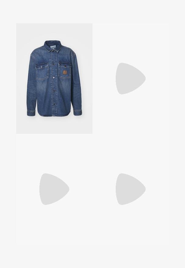 Denim shirt with long sleeves, medium blue color, two chest pockets with snap buttons, and a brown leather logo patch on left pocket.; White long-sleeve button-up shirt made of cotton. Features a pointed collar and six buttons down the front. Smooth texture, regular fit.; Black washed denim pants with elastic waistband and wide legs, featuring subtle vertical seam details on sides.; Black leather slip-on shoe with a white leather accent. Features decorative stitching and a rubber sole with yellow trim. Rounded toe design.