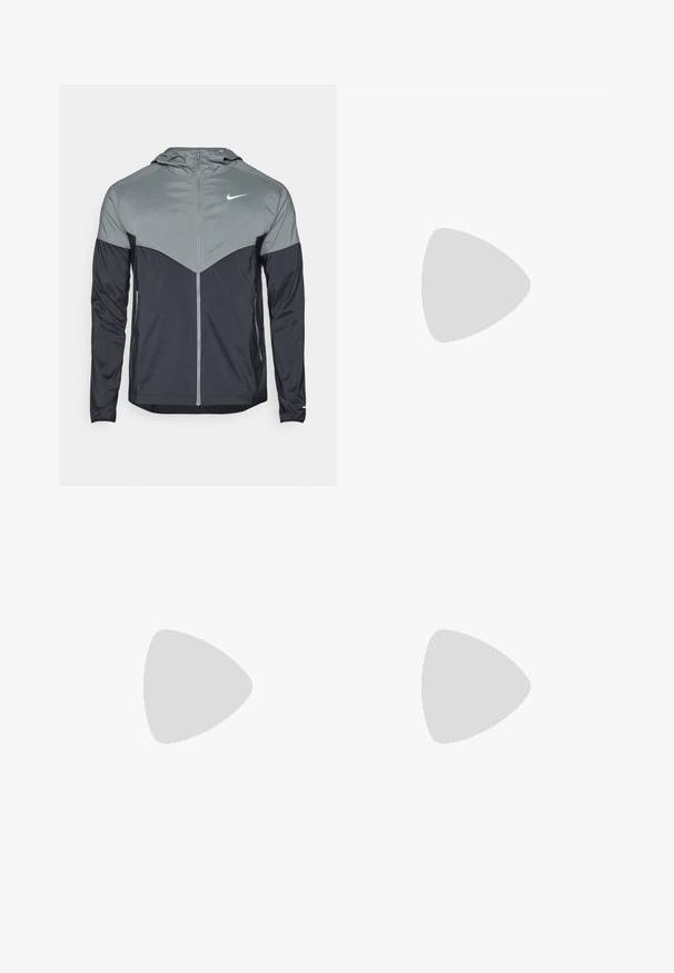 Nike hooded jacket featuring a gradient design with light gray upper and dark gray lower sections. Made of smooth, lightweight fabric, with zip closure.; Cream short-sleeve t-shirt made of cotton, featuring a small orange graphic design on the left chest. Classic crew neckline and relaxed fit.; Black running shorts with an elastic waistband, drawstring, side pockets, and a white Nike logo on the lower left leg.; Black athletic shoe with a textured quilted upper, sleek design, and black rubber sole. Features a visible logo and Gore-Tex branding.