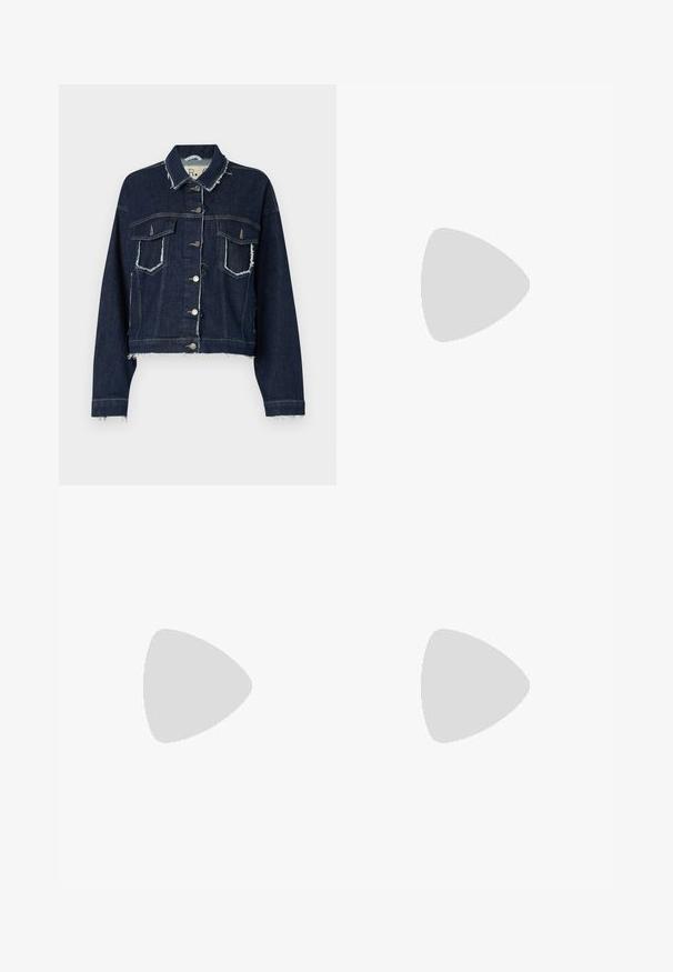 Denim jacket in dark blue with a frayed hem, structured shape, two front pockets, and silver button closures; textured fabric finish.; Denim tube top in dark blue, featuring a gathered neckline and clean hem. Smooth texture and minimal stitching detail.; Dark blue denim long skirt with a front slit. Features traditional five-pocket design and visible stitching accents. Hem is frayed.; Black leather ballet flat with a rounded toe, smooth texture, minimal stitching detail, and a flexible sole design.