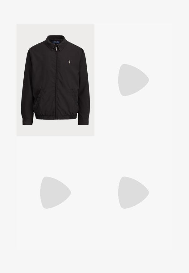 Juodas zip-up džemperis su klasikiniu apykakle, elastingomis rankogaliais ir apačia, su mažuoju siuvinėtu logotipu kairiajame krūtinės kišenėje.; Žalias medvilninis marškinėliai su dideliu "POLO" logotipu baltos ir tamsiai mėlynos spalvų. Trumpomis rankovėmis, apvaliu kaklu ir mažo logotipo detale ant krašto.; Juodi džinsai su tiesaus kirpimo kojos, penkių kišenių dizainu ir subtiliu tekstūru. Metalinė sagtys ir užtrauktuko atidarymo detalės.; Balti sportiniai batai su tekstūruota odine viršutine dalimi, apvalia nosimi, plokščia raištelių sistema ir juodu logotipu šone. Guminis padas su sukibimo raštu.