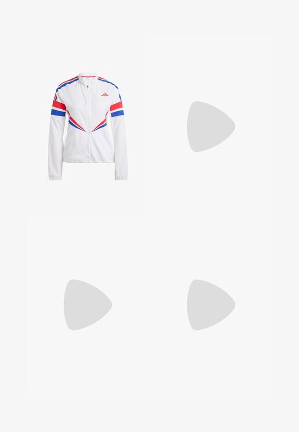 adidas Performance ADIZERO RETRO - Giacca da running - white; Canottiera senza maniche in beige chiaro, caratterizzata da un design in rete testurizzata, scollatura rotonda e un piccolo etichetta bianca al centro sul retro.; adidas Performance CLUB  - Pantaloncini sportivi - white; adidas Performance RUNFALCON - Scarpe da corsa su strada - footwear white