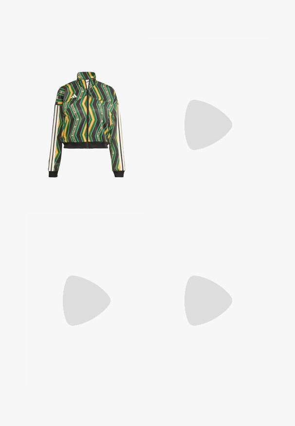Casaco curto com um ousado padrão em zigue-zague nas cores verde, amarelo e preto. Apresenta um colarinho alto, fecho com zíper e mangas com riscas brancas.; Camisa azul de mangas curtas com um vibrante padrão de borboletas em várias cores, com um grande logotipo branco na parte da frente e um decote redondo.; Calças largas azul-marinho feitas de tecido suave, com um cós elástico e sem acessórios visíveis. Apresenta um corte descontraído e design de comprimento total.; Sapata atlética bege com logotipo de três riscas cor-de-rosa, parte superior em malha texturizada, colarinho acolchoado e sola de borracha branca, apresentando a marca "LIGHTSTRIKE".
