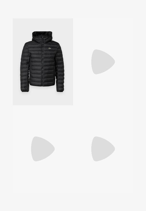 Crna puffer jakna sa zatvaračem sprijeda, kapuljačom, kviltanim uzorkom i elastičnim manžetama. Sadrži mali zeleni Lacoste logo na prsima.; Crvena pamučna majica s kratkim rukavima, okruglim izrezom i malim logom na lijevoj strani prsiju. Glatka tekstura i regularna kroja.; Bordo pamučne hlače od kordura s ravnim krojem, s patentnim zatvaračem i glatkom teksturom, prikazane na bijeloj pozadini.; Bijele kožne tenisice s glatkom površinom, okruglim vrhom, ravnim vezicama i strukturiranom potplatom. Sivi antilop naglasak na peti.; BOSS Sunčane naočale - black