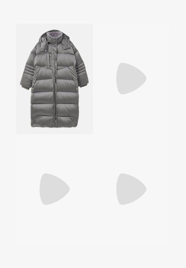 Gray puffer coat with a high collar, full-length front, snap and zip closures, and large side pockets. Features a soft, textured lining.; Light pink satin button-up shirt with a collar, relaxed fit, and rolled sleeves, featuring a smooth texture and subtle shine.; Light blue wide-leg jeans with frayed edges, a high waist, and contrasting seams. Made of denim, showcasing a relaxed fit and minimal distressing.; Black athletic shoe with suede and leather materials. Features a rounded toe, lace closure, textured accents, and a flexible sole.; Black leather crescent-shaped shoulder bag with silver zippers on both sides and a single strap.