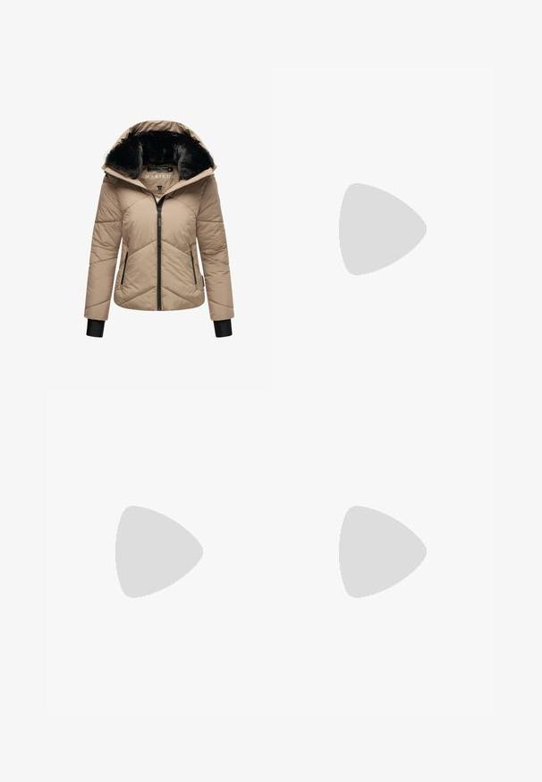 Beige padded jacket with a black faux fur-lined hood, front zipper, and diagonal quilted design. Features side pockets and black cuffs.; Black cropped t-shirt made of soft fabric, featuring a round neckline and short, wide sleeves, with a simple, seamless design.; Black leggings with a smooth, stretchy fabric and a wide waistband. They have straight, full-length legs and no visible patterns or accents.; White athletic shoe with a textured mesh upper, padded collar, and chunky sole. Features a logo on the side and lace-up closure.
