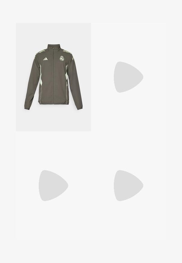 Graue Jacke mit hohem Kragen, durchgehendem Reißverschluss und hellgrünen Akzenten. Enthält das Adidas-Logo und ein Wappen-Design auf der Brust.; Graues Sportshirt mit kurzen Ärmeln, weißen Akzenten, dem Adidas-Logo und dem Real Madrid-Wappen auf der linken Brust. Leichtes Material.; Graue Sporthosen mit einem elastischen Bund, die eine strukturierte Oberfläche und kontrastierende grüne Seitenakzente aufweisen. Enthält ein Logodetail.; Schwarze Sportschuhe mit einem strukturierten Mesh-Obermaterial, weißen Akzentstreifen, einer gepolsterten Sohle und einer verstärkten Ferse für Unterstützung.