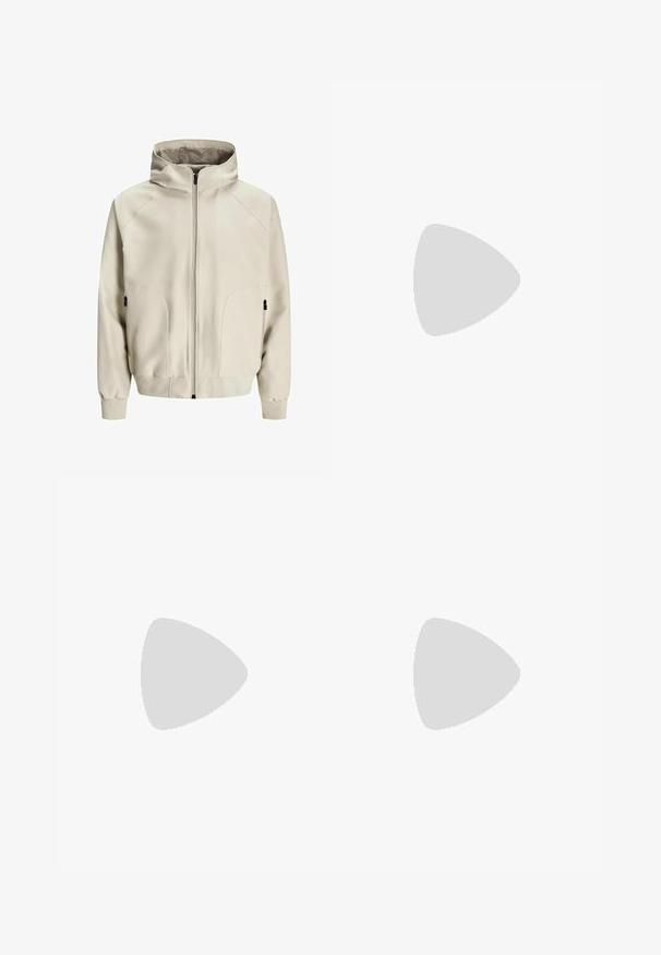 Light beige hooded jacket with a zip closure, side pockets, and ribbed cuffs. Smooth fabric with a matte finish and subtle stitching details.; White short-sleeve T-shirt in a ribbed texture. Round neckline, relaxed fit, no visible patterns or accents. Simple and versatile design.; Beige cargo pants made of durable fabric, featuring multiple side pockets, a classic fit, and straight legs with simple stitching.; White athletic shoes featuring a textured knit upper, flat laces, and a cushioned sole with visible air chambers for added support.