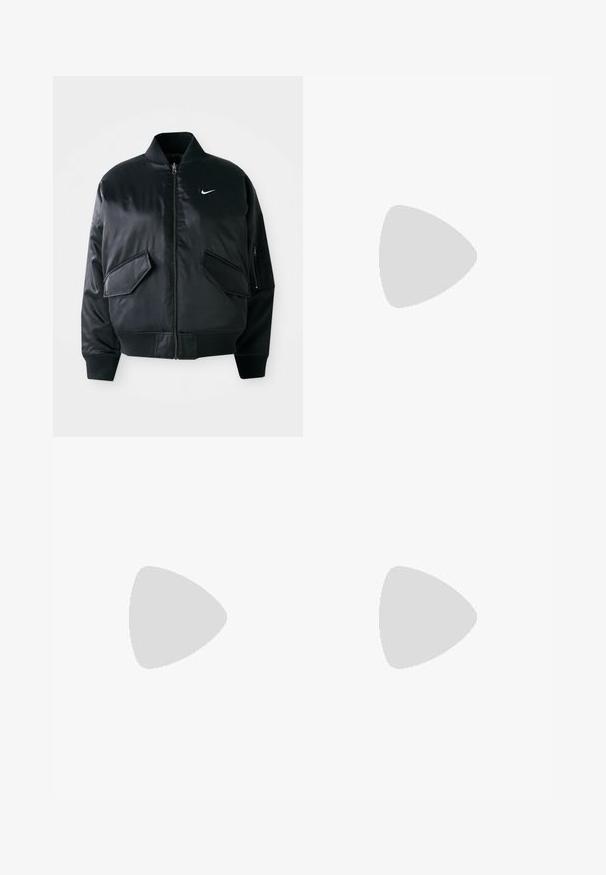 Black bomber jacket with a smooth satin finish, ribbed collar, and two front flap pockets. Features a small white logo on the chest.; Black cropped long-sleeve tops made from smooth, stretch fabric. Features a crew neckline and contrasting seams for added detail.; Light cream jogger pants made of soft fabric, featuring an elastic waistband with a drawstring, and tapered cuffs at the ankles.; Running shoe with a cream upper, red and black accents, and textured surface. Features black laces and a cushioned sole for comfort.