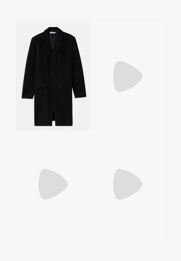 Mustame villane mantel, millel on nurgelised klapid, struktureeritud disain, kaks eesmist taskut ja ühe nööbi kinnitamine. Sile tekstuur ja kohandatud sobivus.; Tumedat sinise värvi ümmarguse kaelusega kootud sviiter, mis on valmistatud pehmest kangast ja millel on pikad varrukad ning soonikuga detailid krae ja äärte ümber. Puhtad ja minimalistlikud jooned.; Mustad püksid sirge lõikega, sileda tekstuuri ja tasase vöökohaga, sobivad formaalseks või igapäevaseks kandmiseks.; Must musta loafers ümarate varvastega, peene tikandiga ja madala kontsaga, millel on sile tekstuur ja minimalistlik disain.
