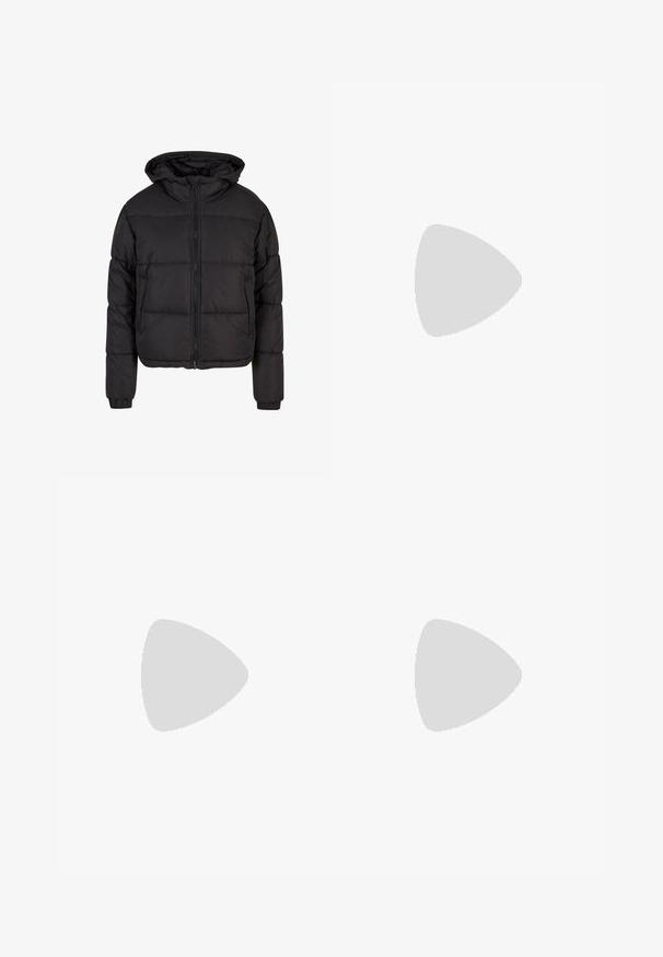 Black puffer jacket with a hood, featuring a zip front, elastic cuffs, and quilted design, providing warmth and a casual look.; Black cotton t-shirt with short sleeves, a round neck, and a relaxed fit. Smooth texture and no visible patterns or embellishments.; Black wide-leg pants made of smooth, shiny fabric with an elastic waistband and no visible pockets or hardware details.; Khaki ankle boots with a high block heel, textured rubber sole, prominent lacing, and smooth synthetic upper.