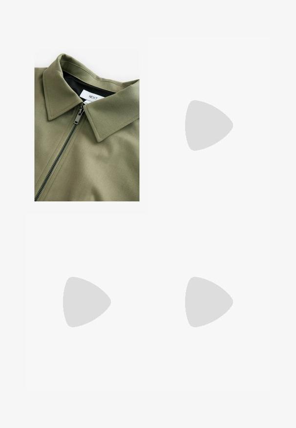 Olive green jacket with a herringbone texture, featuring a black zipper and a pointed collar. Label reads "NEXT" inside the collar.; Light beige short-sleeve t-shirt with a round neckline, made of soft, smooth fabric. Features a relaxed fit and straight hemline.; Black wide-leg denim pants with a high waist, featuring front and back pockets, stitched seams, and a button closure. Smooth texture.; Beige suede ankle boots featuring a rounded toe, elastic side panels, and a block heel with a smooth black finish.; Brown tortoiseshell glasses with oval lenses, thin arms, and transparent accents. Features a subtle logo on the temple. Sleek, lightweight design.; Metallic gold clutch with a smooth, rounded shape, featuring a top button clasp and a small chain strap for carrying.