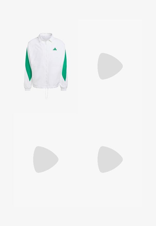 Weißer Windbreaker mit grünen Seitenakzenten. Verfügt über einen vorderen Reißverschluss, elastische Bündchen und einen Kordelzug am Saum. Sportmarkenlogo auf der Brust.; Weißes T-Shirt mit kurzen Ärmeln aus glattem Stoff. Verfügt über ein schwarzes adidas-Logo auf der linken Brust und einen gemusterten Kragen.; Hellgraue Umbro-Sporthose mit elastischem Bund und schwarz-weißen Seitenstreifen, präsentiert vor einem weißen Hintergrund.; Weißer Sportschuh mit schwarzen Streifen, neongrünen Akzenten und einer roten Ferse. Hat ein leichtes Design und eine strukturierte Sohle für besseren Grip.