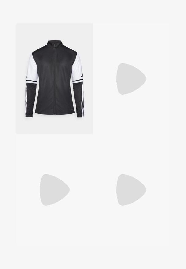 Crni sportski jakna s patentnim zatvaračem sprijeda, bijelim rukavima i tri vertikalne bijele pruge na svakoj ruci. Izrađena od glatkog sintetičkog materijala.; Crni atletski pulover s okomitim zatvaračem, s kviltanim gornjim panelom, sivim bočnim trakama i otvorima za palčeve na rukavima za bolji zahvat.; Crne atletske hlače s elastičnim pojasom, dva bočna džepa sa zatvaračem, suženi nogavici i diskretnim logotipom na kuku.; Lagane tenisice za trčanje u svijetloplavoj boji s crnim trakama. Imaju glatku gornju površinu, okrugli vrh i debeli bijeli srednji sloj označen "LIGHTSTRIKE PRO."