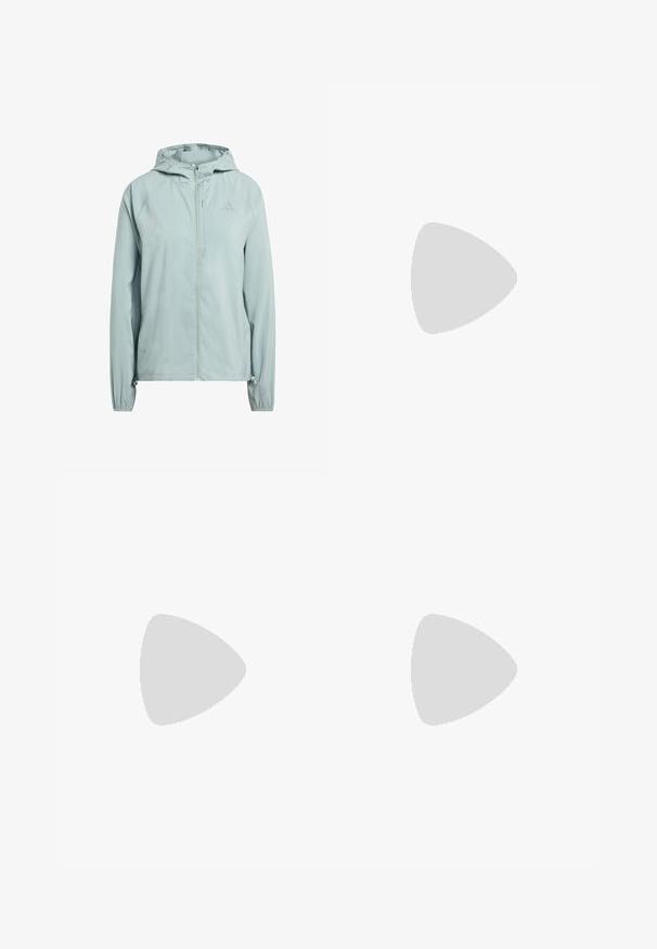 Svijetloplava jakna s kapuljačom, s prednjim zatvaračem, raglan rukavima i elastičnim manžetama. Ima mali logo s gornje desne strane.; New Balance SPORT ESSENTIALS SPACE DYE QUARTER ZIP - Top dugih rukava - garter snake; Sive sportske hlače kratkog kroja s visokim pojasom, izrađene od glatkog tkanja. Imaju dvostruke šavove i bijeli Adidasov logo na lijevoj strani.; Svijetloplave atletske tenisice s teksturiranim pletenim gornjištem, bijelim detaljima i prozirnom zelenom potplatnom jedinicom. Zaobljen nos i podstavljeni ovratnik.