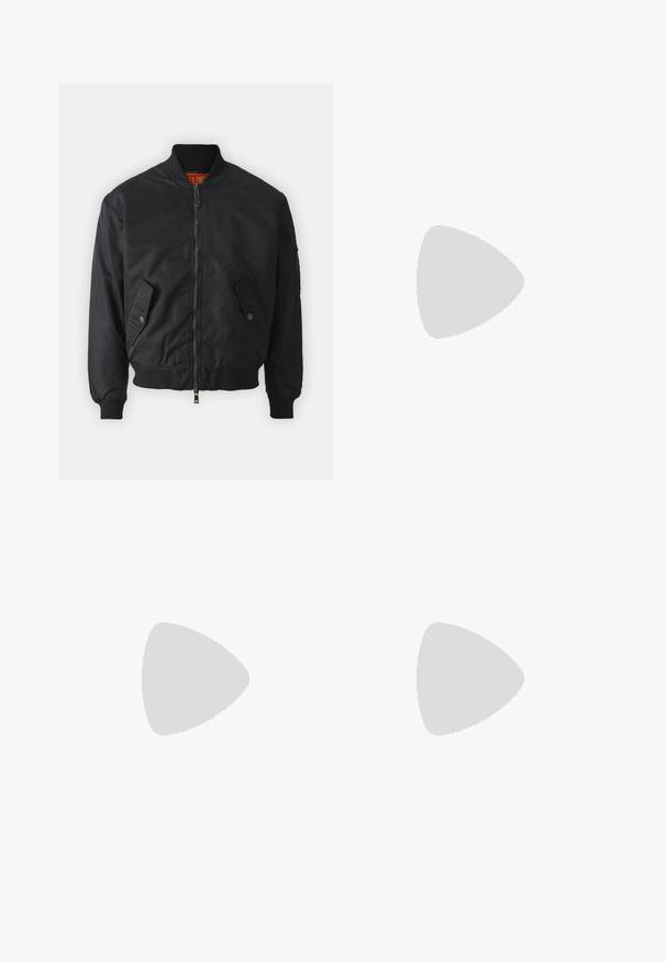 Casaco bomber preto com fecho frontal, colarinho e punhos canelados, bolsos laterais e um forro interior laranja. Textura suave e mate.; T-shirt branca de manga curta com decote redondo, com uma pequena ilustração azul no lado esquerdo do peito que diz "Los Angeles CA 1981 Atletismo".; Jeans brancos de corte amplo feitos de denim, com uma cintura standard, bolsos frontais e fecho de botão. Tecido texturizado com um acabamento limpo.; Tênis de couro branco com detalhes em preto, fecho com cadarço plano e sola texturizada. Apresenta o logótipo "GUESS" na lateral e na lingueta.