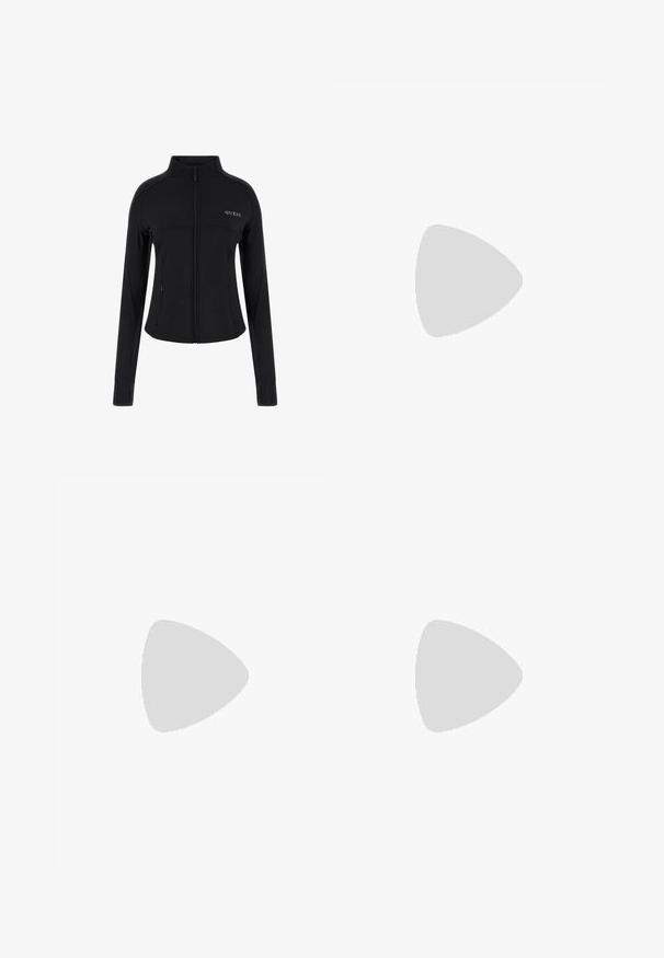 Crna jakna na zip s dugim rukavima, napravljena od glatkog materijala, s prilagođenim dizajnom i suptilnim logotipom na gornjem lijevom dijelu grudi.; Bijela atletska majica s mrežastim panelima na ramenima i stranama, okruglim izrezom i kratkim rukavima. Glatka tekstura i lagani dizajn.; Visoke, uske tajice od glatkog, mat, svijetlosmeđeg materijala s bočnim šavovima i bez vidljivih logotipa ili uzoraka.; Bijele sportske tenisice s teksturiranim mrežastim gornjim dijelom, srebrnim akcentima i laganom suprotnošću s malim bravama za prijanjanje, označene 'ULTRA FLIGHT'.